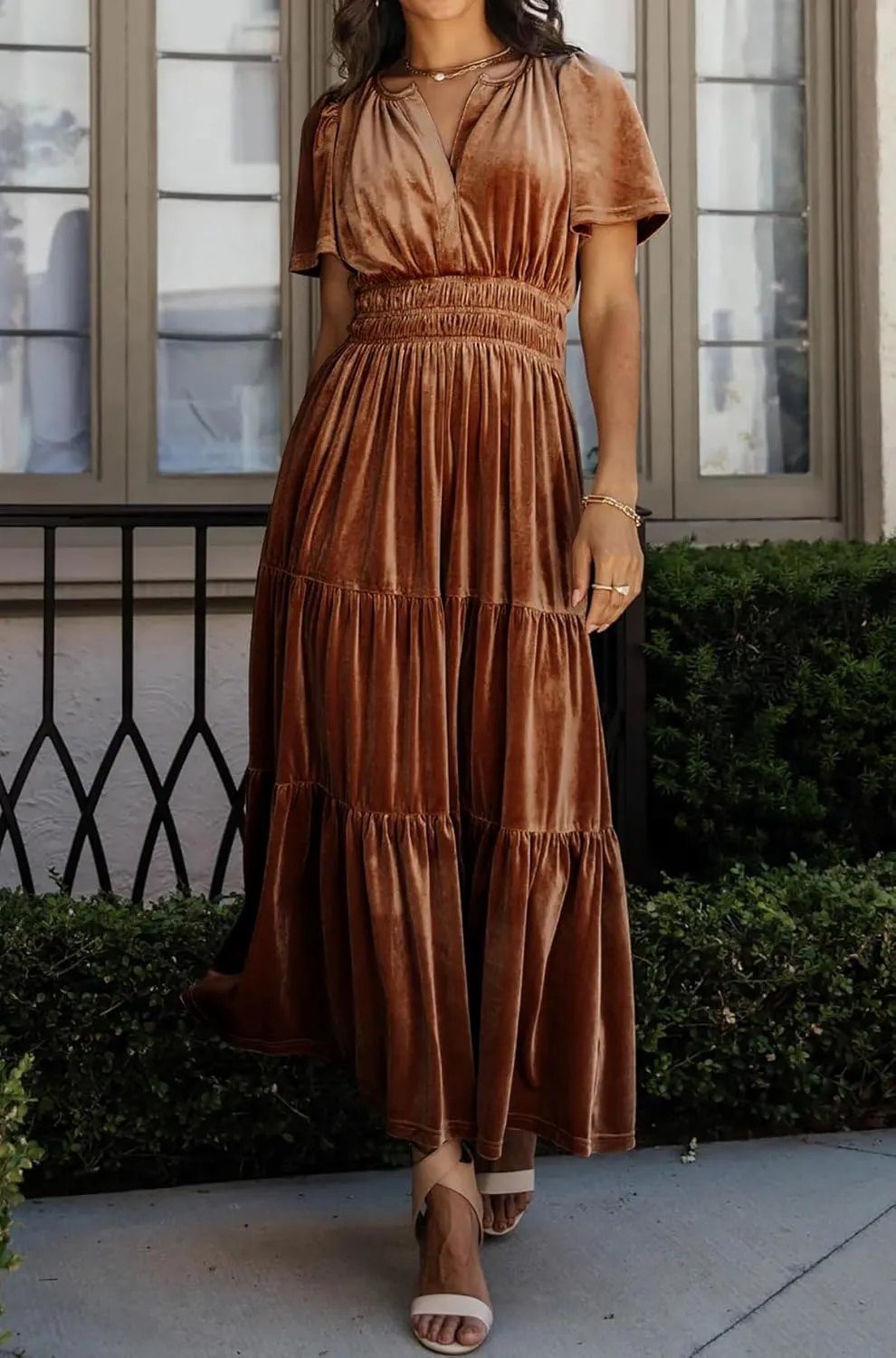 R.Vivimos Women's Fall Winter Vintage Velvet Dress Short Sleeve V Neck Elastic Waist Tiered Ruffle A-Line Flowy Maxi Dress