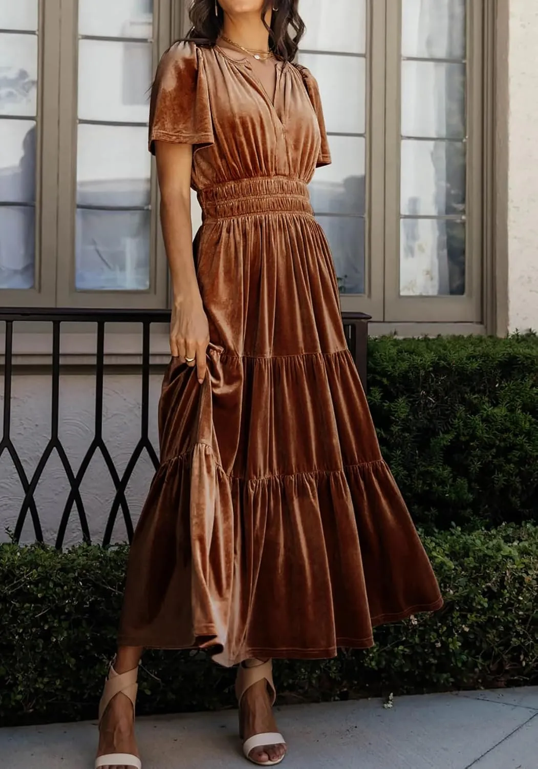 R.Vivimos Women's Fall Winter Vintage Velvet Dress Short Sleeve V Neck Elastic Waist Tiered Ruffle A-Line Flowy Maxi Dress