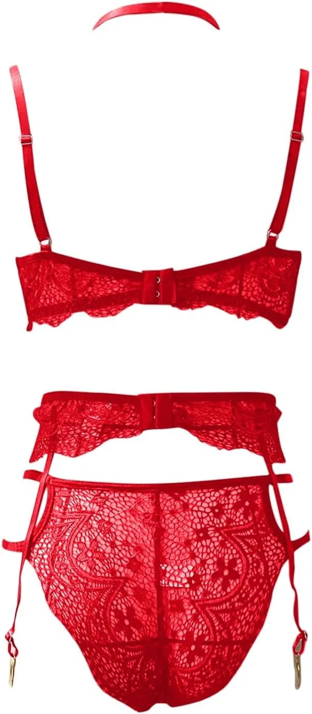 Sexy Choker Floral Lace Underwire Push Up Garter Belt Lingerie Set for Women Sheer Bra and Panty 3 Piece Gothic Lingerie