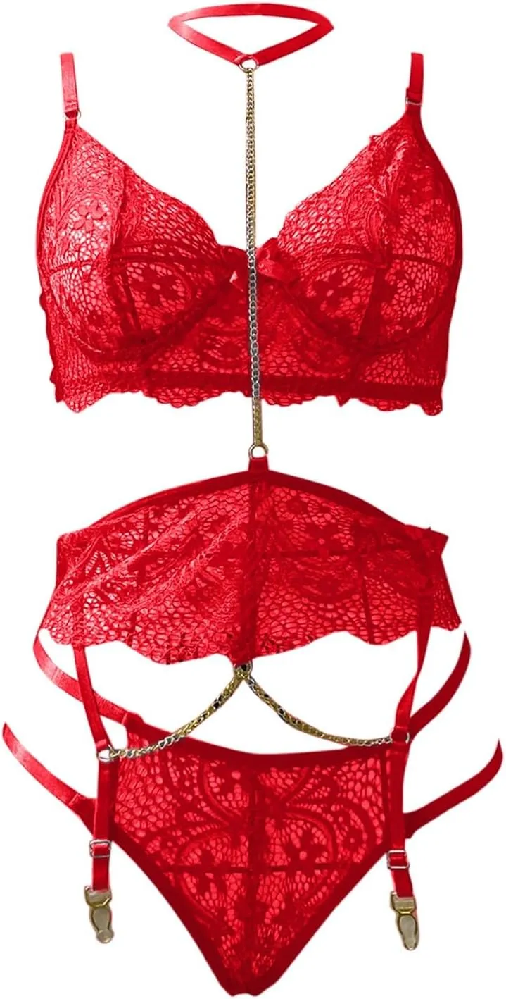 Sexy Choker Floral Lace Underwire Push Up Garter Belt Lingerie Set for Women Sheer Bra and Panty 3 Piece Gothic Lingerie