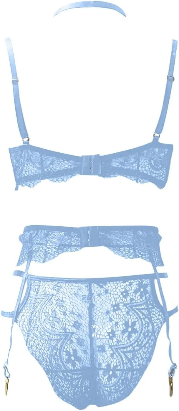 Sexy Choker Floral Lace Underwire Push Up Garter Belt Lingerie Set for Women Sheer Bra and Panty 3 Piece Gothic Lingerie