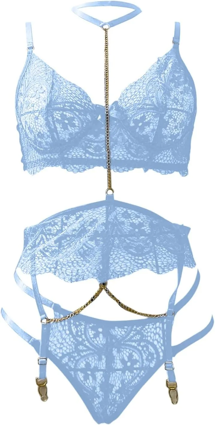 Sexy Choker Floral Lace Underwire Push Up Garter Belt Lingerie Set for Women Sheer Bra and Panty 3 Piece Gothic Lingerie