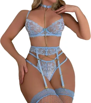 Sexy Choker Floral Lace Underwire Push Up Garter Belt Lingerie Set for Women Sheer Bra and Panty 3 Piece Gothic Lingerie