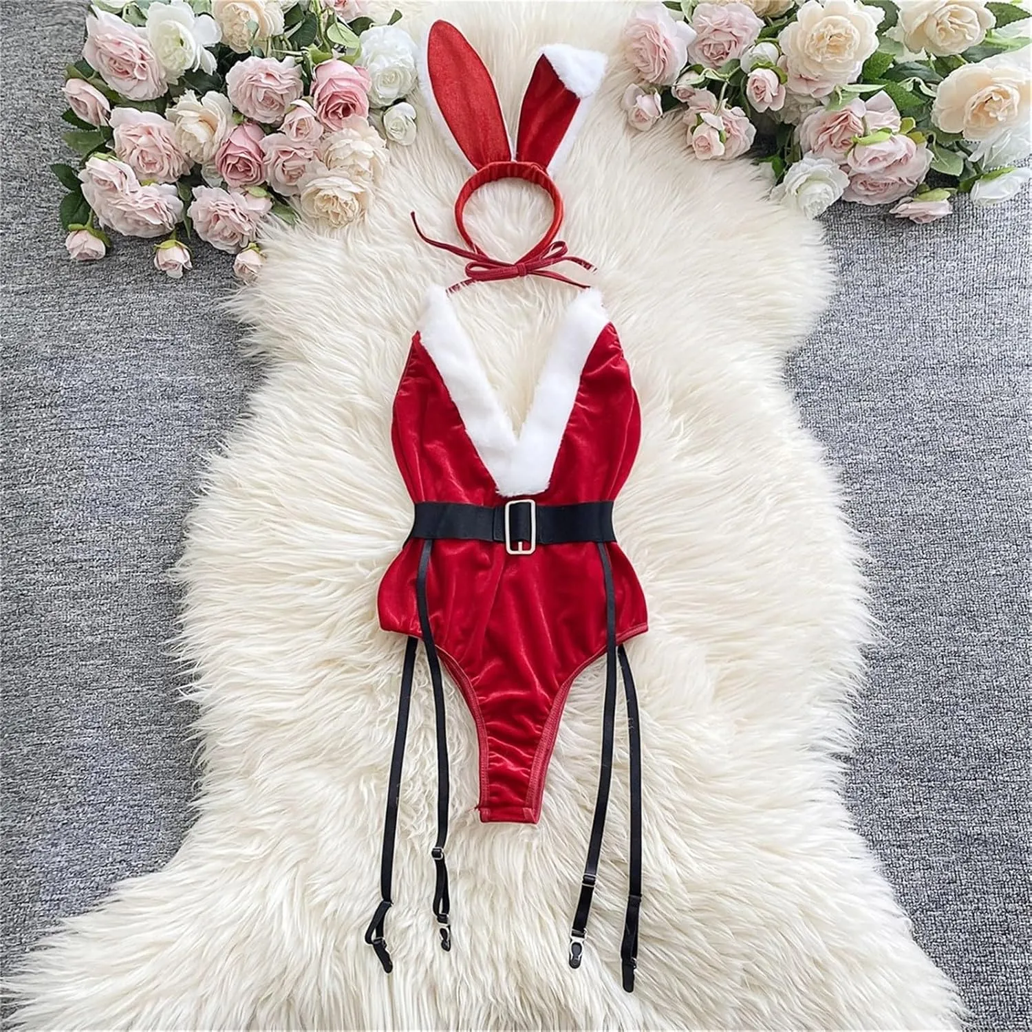 Sexy Christmas Lingerie for Women Sexy Lace Velvet Teddy Bodysuits One Piece V Neck Mini Babydoll Naughty Nightgowns