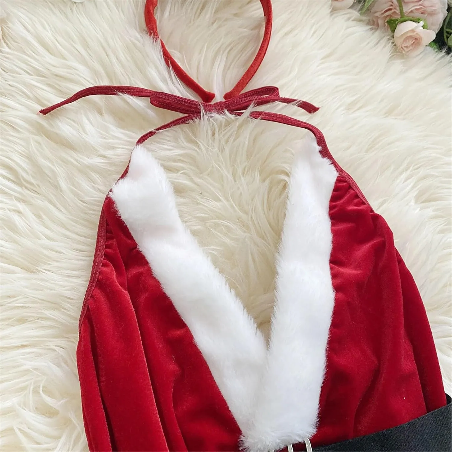 Sexy Christmas Lingerie for Women Sexy Lace Velvet Teddy Bodysuits One Piece V Neck Mini Babydoll Naughty Nightgowns