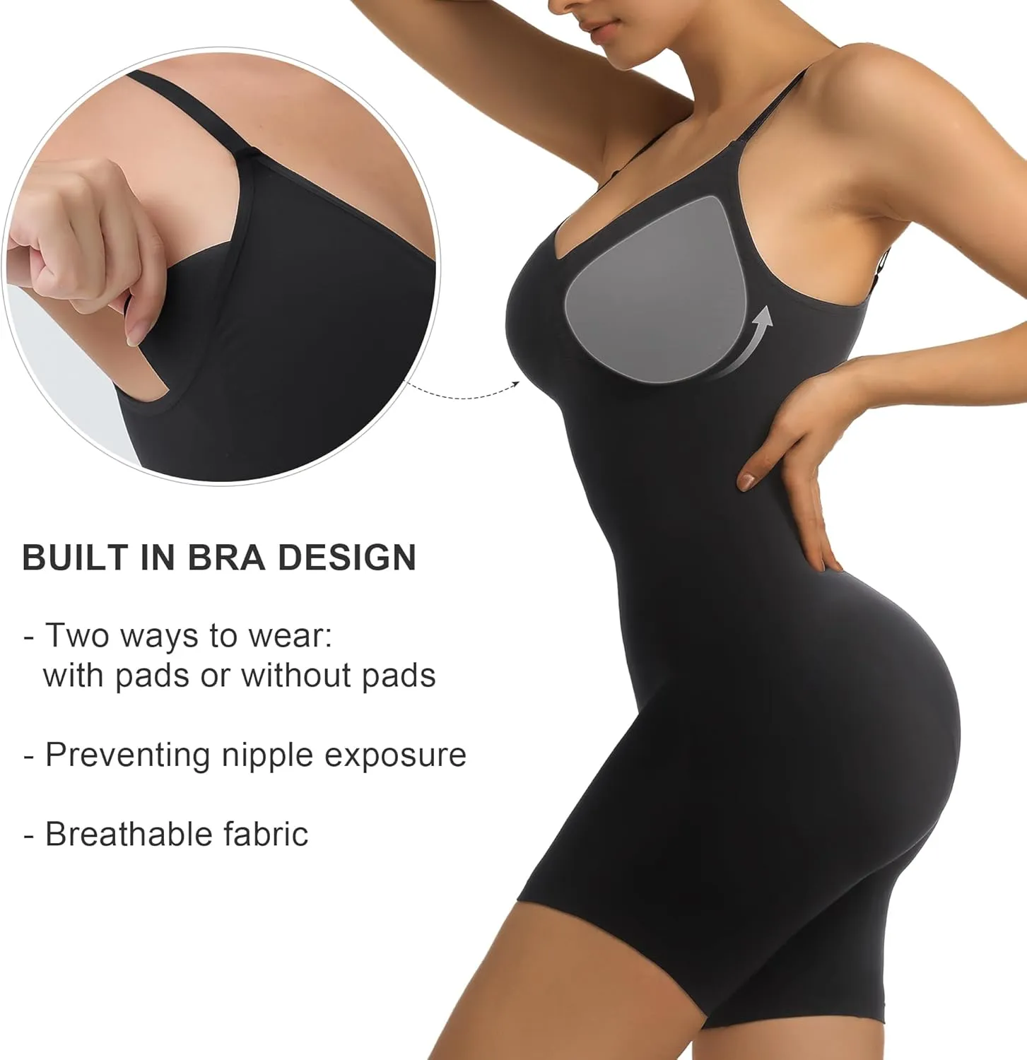 SHAPERX Women's Bra Free Bodysuits Tummy Control Shapewear Mid Thigh Body Shaper with Removable Pads