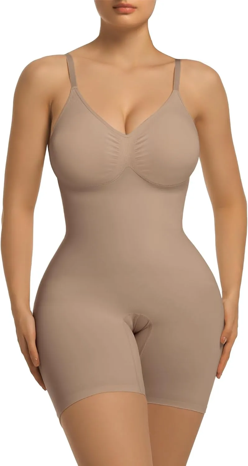 SHAPERX Women's Bra Free Bodysuits Tummy Control Shapewear Mid Thigh Body Shaper with Removable Pads