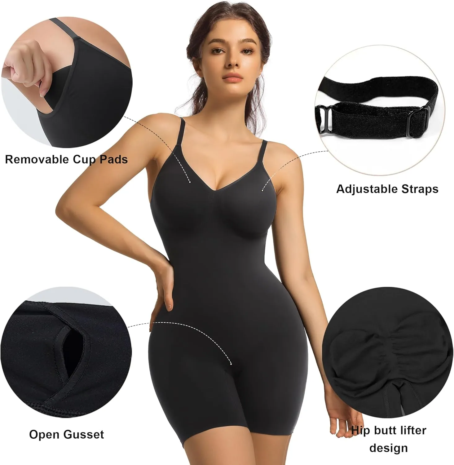 SHAPERX Women's Bra Free Bodysuits Tummy Control Shapewear Mid Thigh Body Shaper with Removable Pads