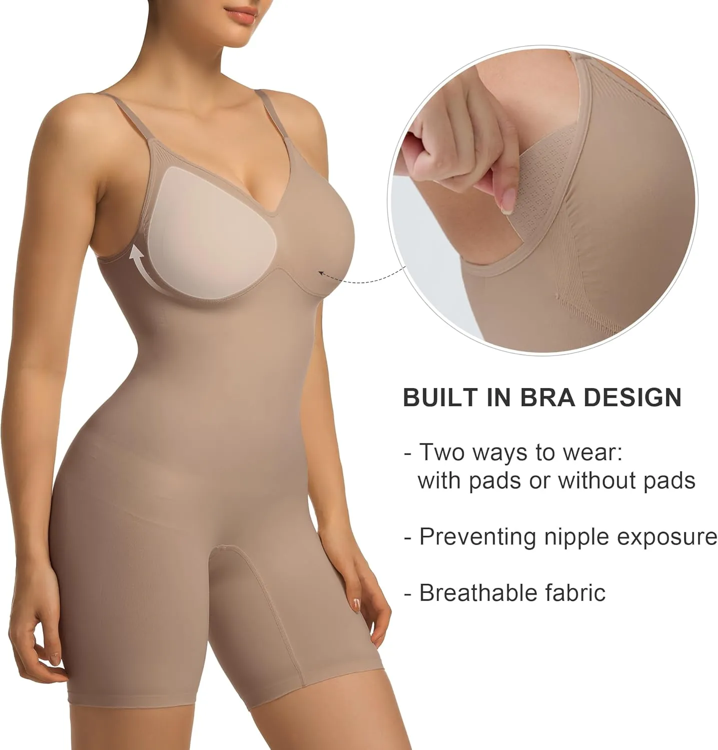 SHAPERX Women's Bra Free Bodysuits Tummy Control Shapewear Mid Thigh Body Shaper with Removable Pads