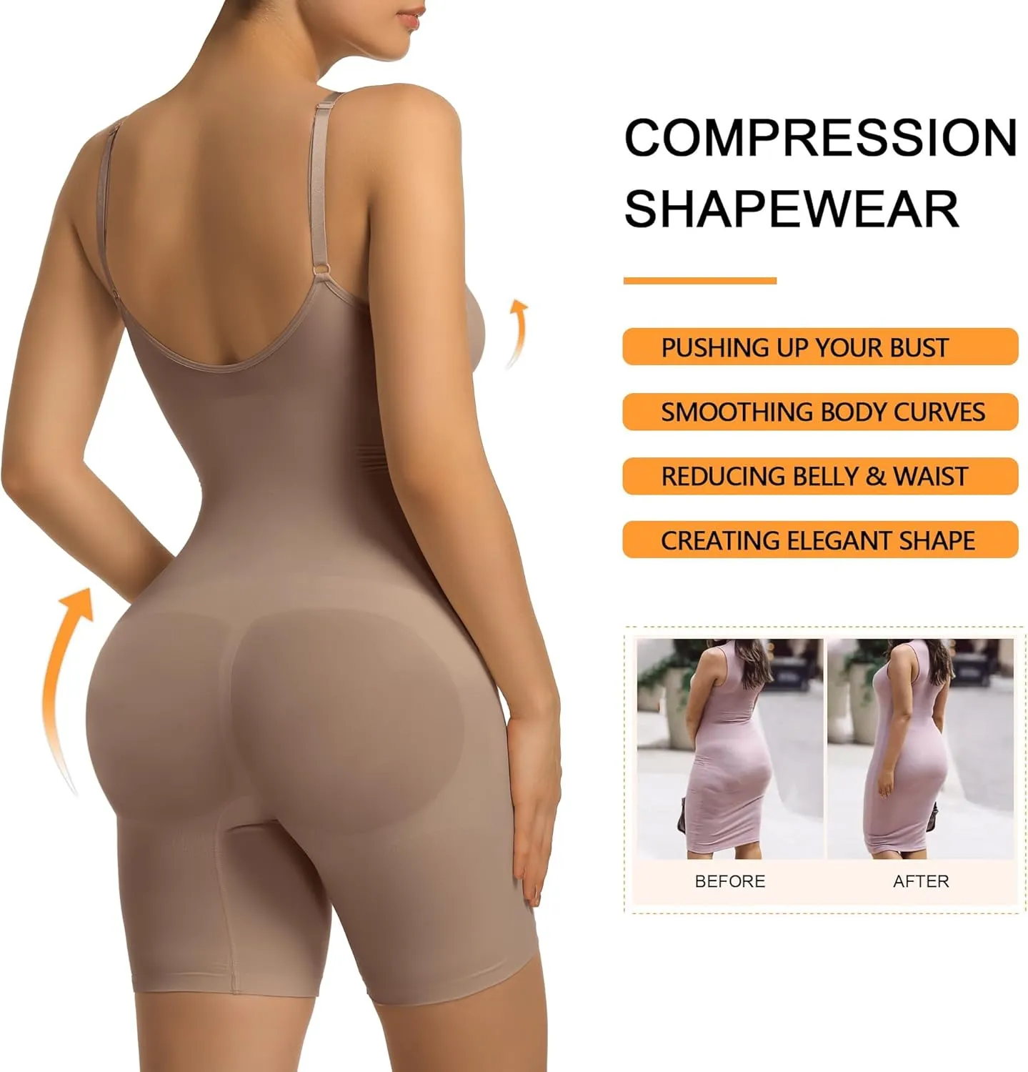 SHAPERX Women's Bra Free Bodysuits Tummy Control Shapewear Mid Thigh Body Shaper with Removable Pads