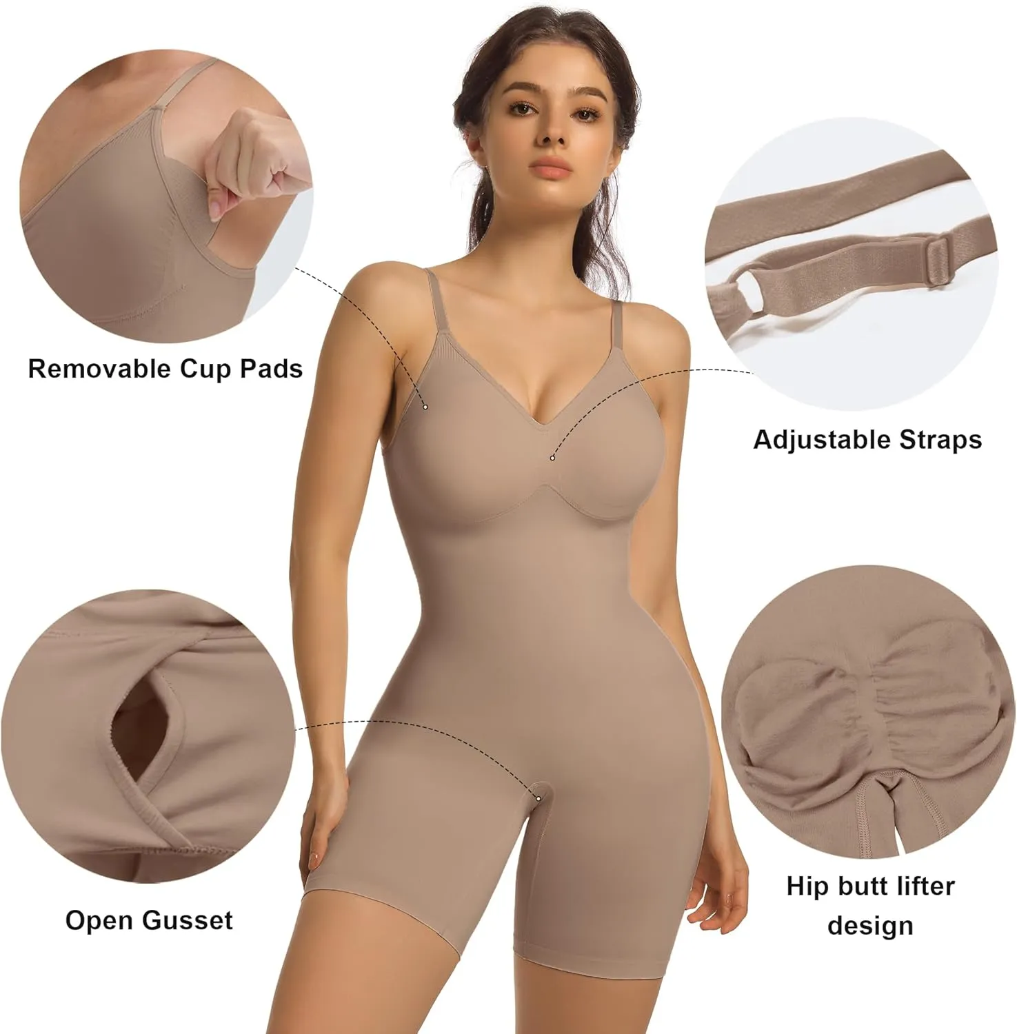 SHAPERX Women's Bra Free Bodysuits Tummy Control Shapewear Mid Thigh Body Shaper with Removable Pads