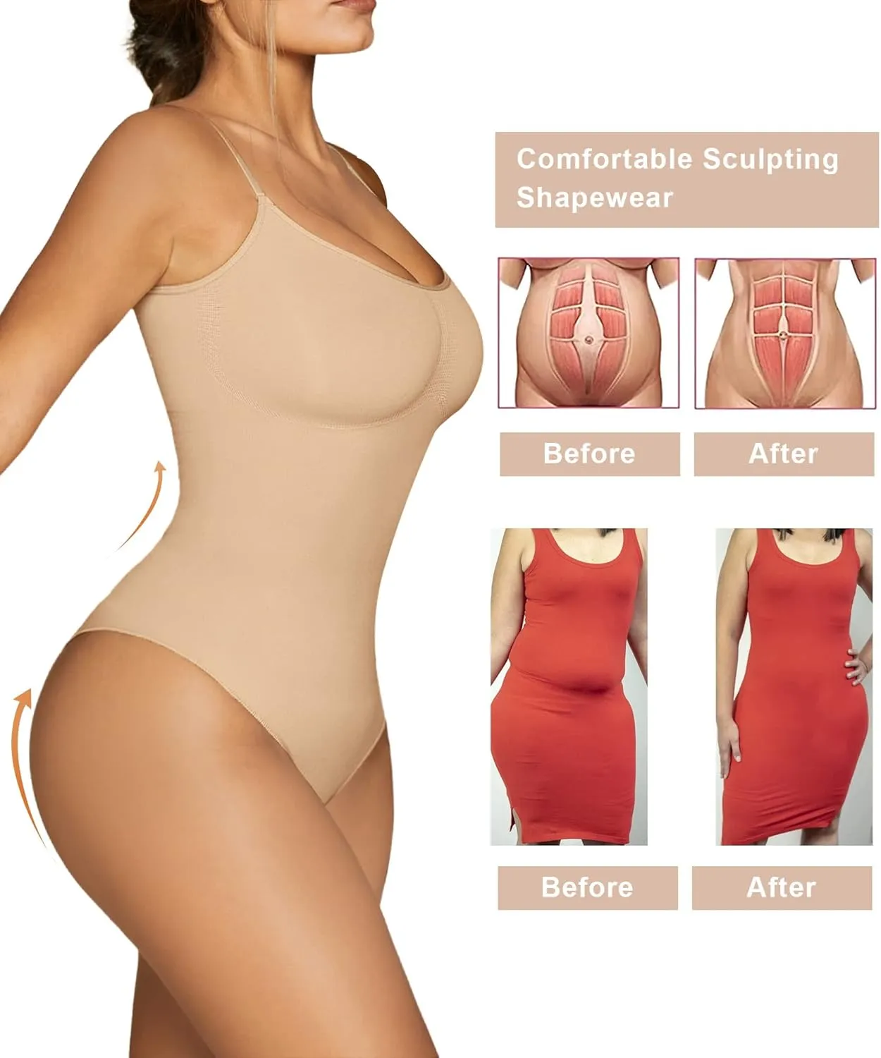 SHAPERX Women's Shapewear Bodysuit Tummy Control Body Shaper Seamless Sculpting Snatched Waist Body Suit
