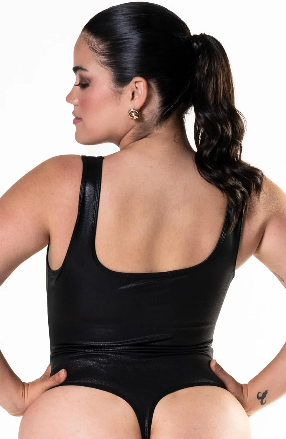 Shapewear Bodysuit Tummy Control Faux Leather Bodysuit Square Neck Thong Sleeveless Black Corset Tank Top