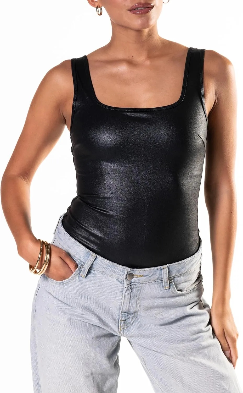Shapewear Bodysuit Tummy Control Faux Leather Bodysuit Square Neck Thong Sleeveless Black Corset Tank Top
