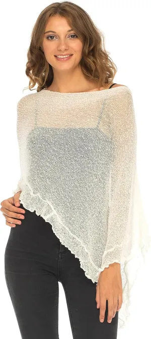 SHU-SHI Womens Sheer Poncho Shrug Lightweight Knit Ruffle Pullover Sweater Top