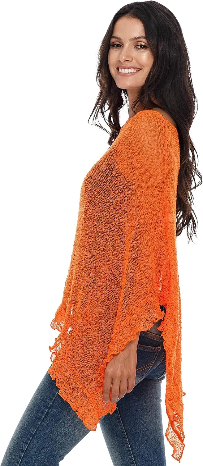 SHU-SHI Womens Sheer Poncho Shrug Lightweight Knit Ruffle Pullover Sweater Top