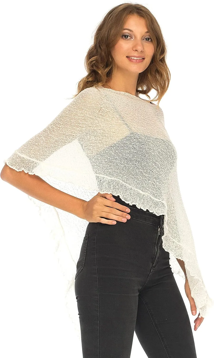 SHU-SHI Womens Sheer Poncho Shrug Lightweight Knit Ruffle Pullover Sweater Top
