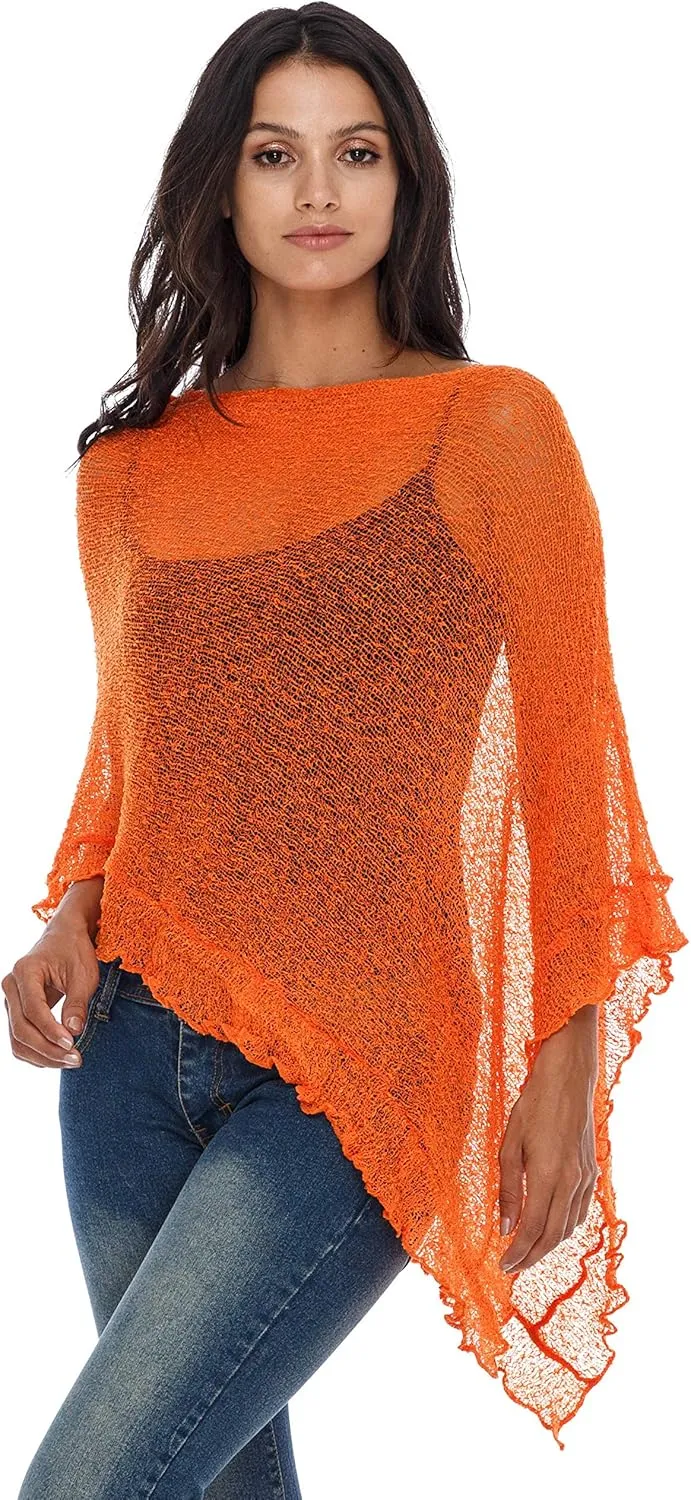 SHU-SHI Womens Sheer Poncho Shrug Lightweight Knit Ruffle Pullover Sweater Top