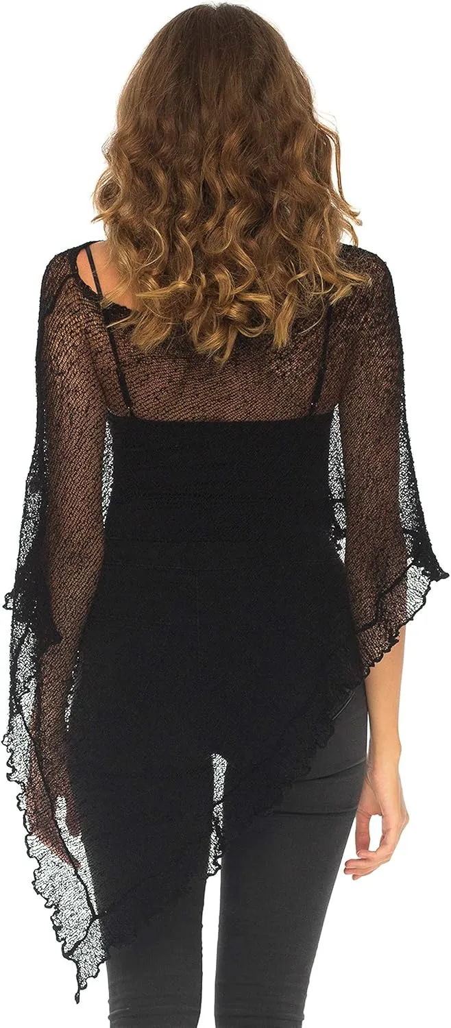 SHU-SHI Womens Sheer Poncho Shrug Lightweight Knit Ruffle Pullover Sweater Top