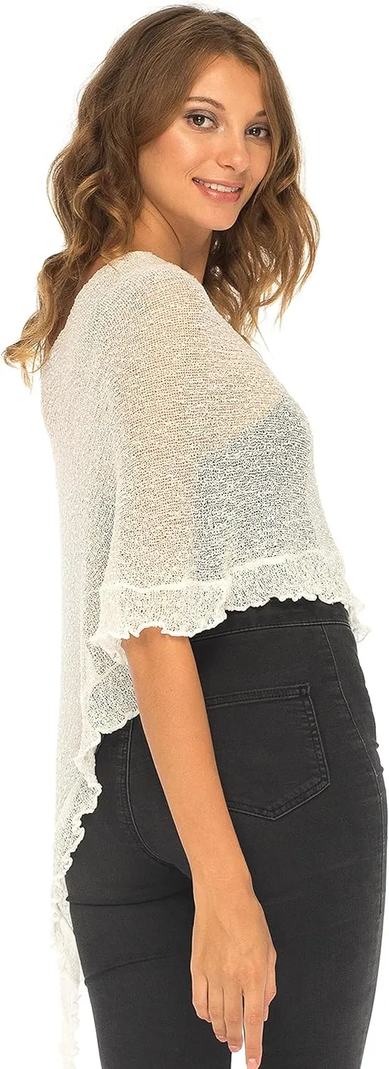 SHU-SHI Womens Sheer Poncho Shrug Lightweight Knit Ruffle Pullover Sweater Top