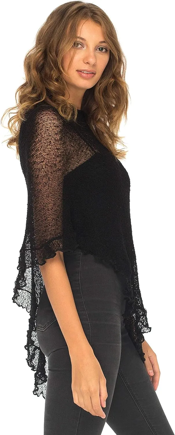 SHU-SHI Womens Sheer Poncho Shrug Lightweight Knit Ruffle Pullover Sweater Top