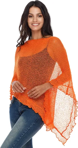 SHU-SHI Womens Sheer Poncho Shrug Lightweight Knit Ruffle Pullover Sweater Top