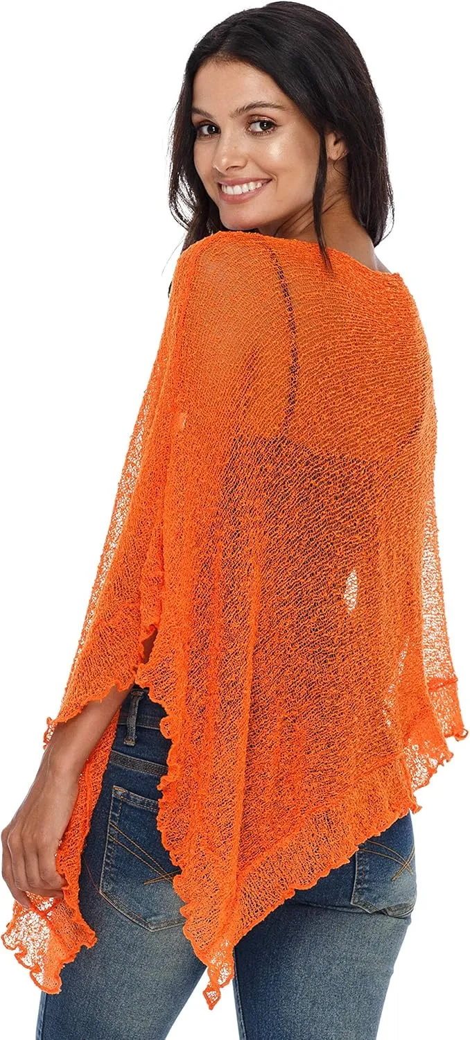 SHU-SHI Womens Sheer Poncho Shrug Lightweight Knit Ruffle Pullover Sweater Top