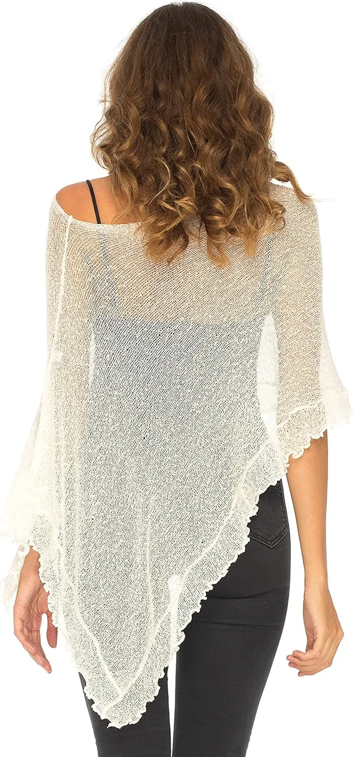 SHU-SHI Womens Sheer Poncho Shrug Lightweight Knit Ruffle Pullover Sweater Top
