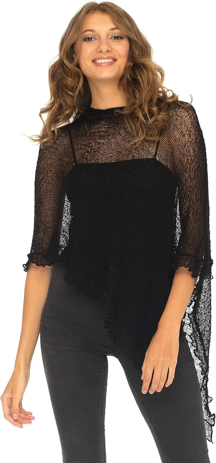 SHU-SHI Womens Sheer Poncho Shrug Lightweight Knit Ruffle Pullover Sweater Top
