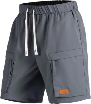Sinzelimin Men's Cargo Shorts Fashion Multiple Pockets Lace up Elastic Waist Comfy Breathable Workwear Fishing Cropped Pants