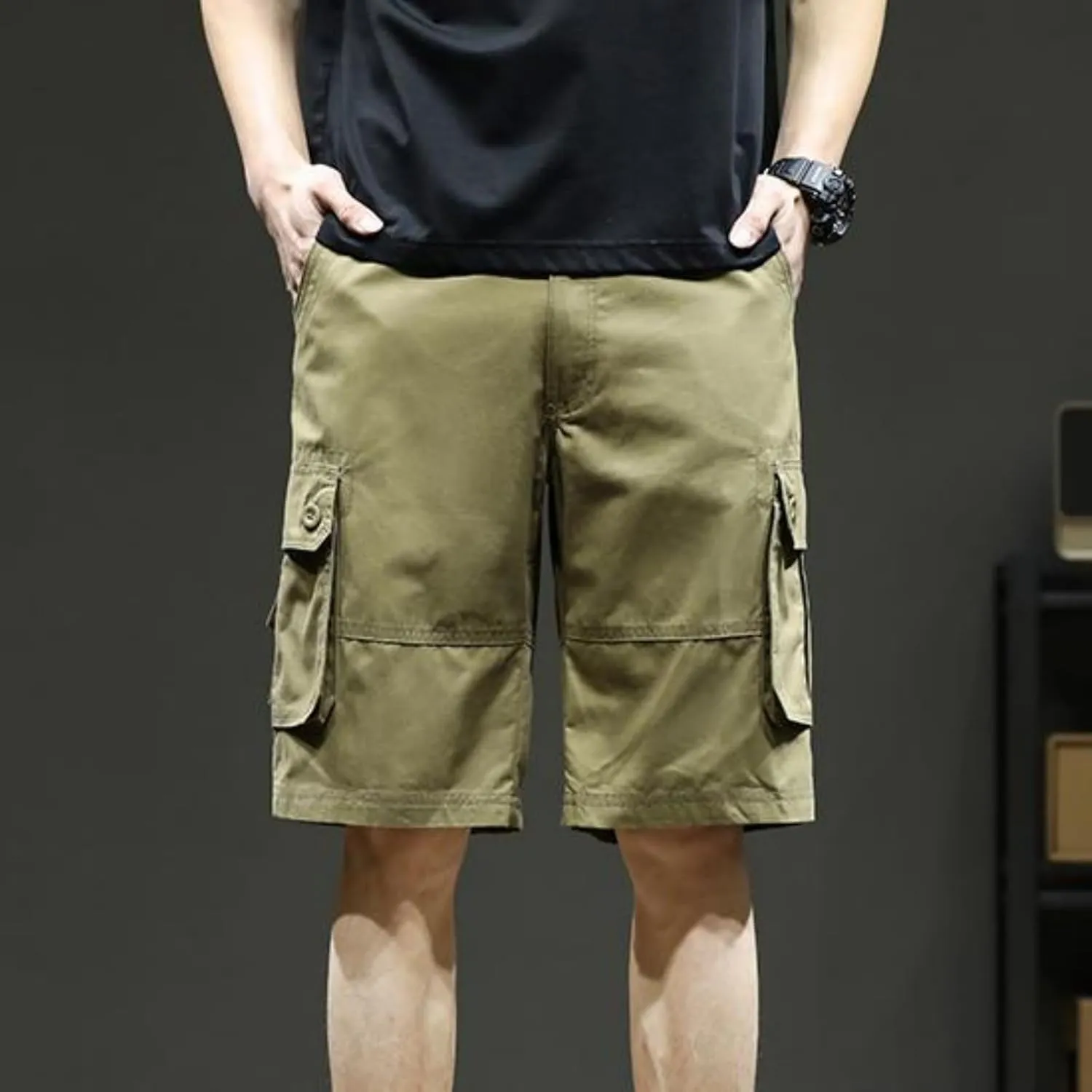 Sinzelimin Men's Cargo Shorts Fashion Solid Color Multiple Pockets Loose Comfy Knee Length Work Short Pants 5'' Sweatpant