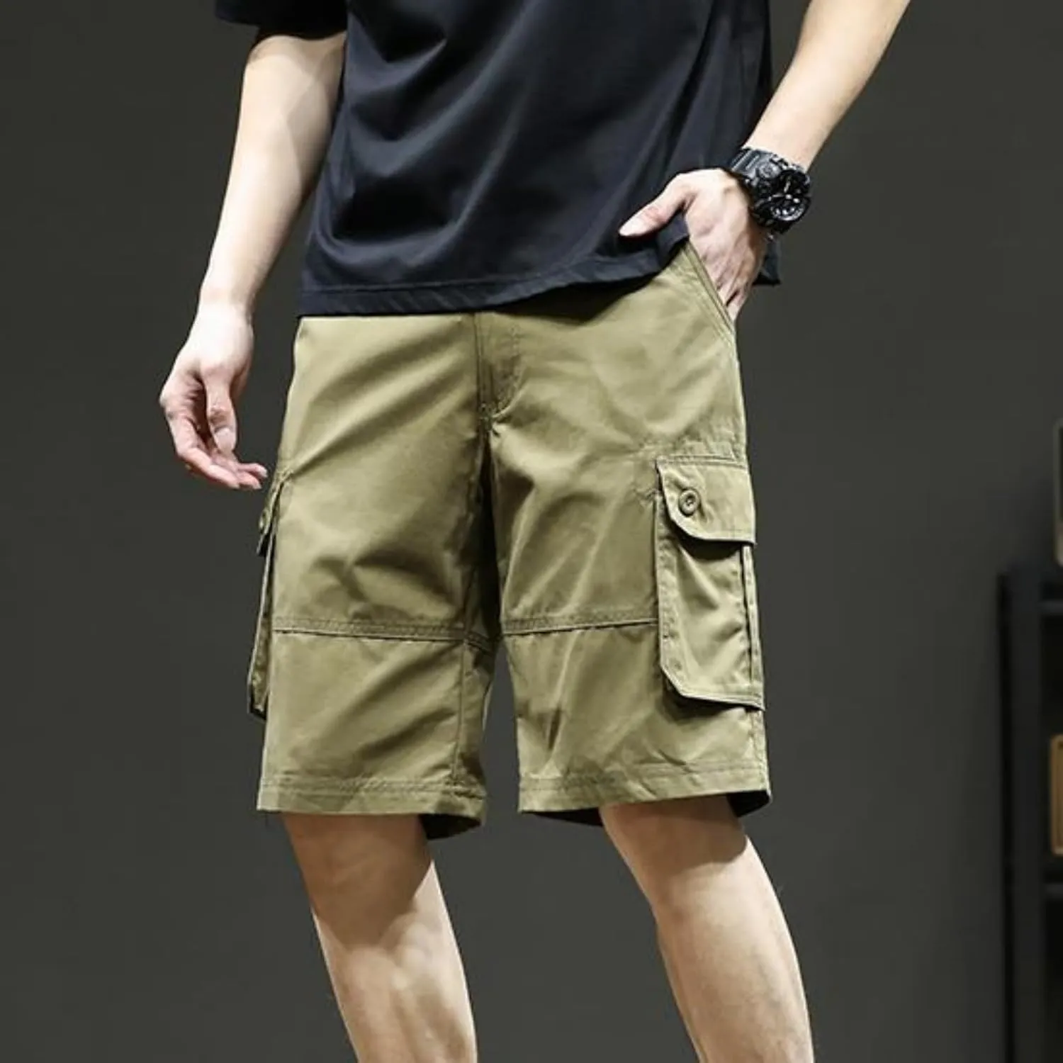 Sinzelimin Men's Cargo Shorts Fashion Solid Color Multiple Pockets Loose Comfy Knee Length Work Short Pants 5'' Sweatpant