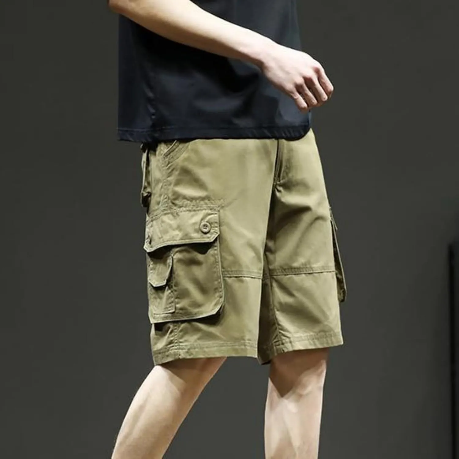 Sinzelimin Men's Cargo Shorts Fashion Solid Color Multiple Pockets Loose Comfy Knee Length Work Short Pants 5'' Sweatpant