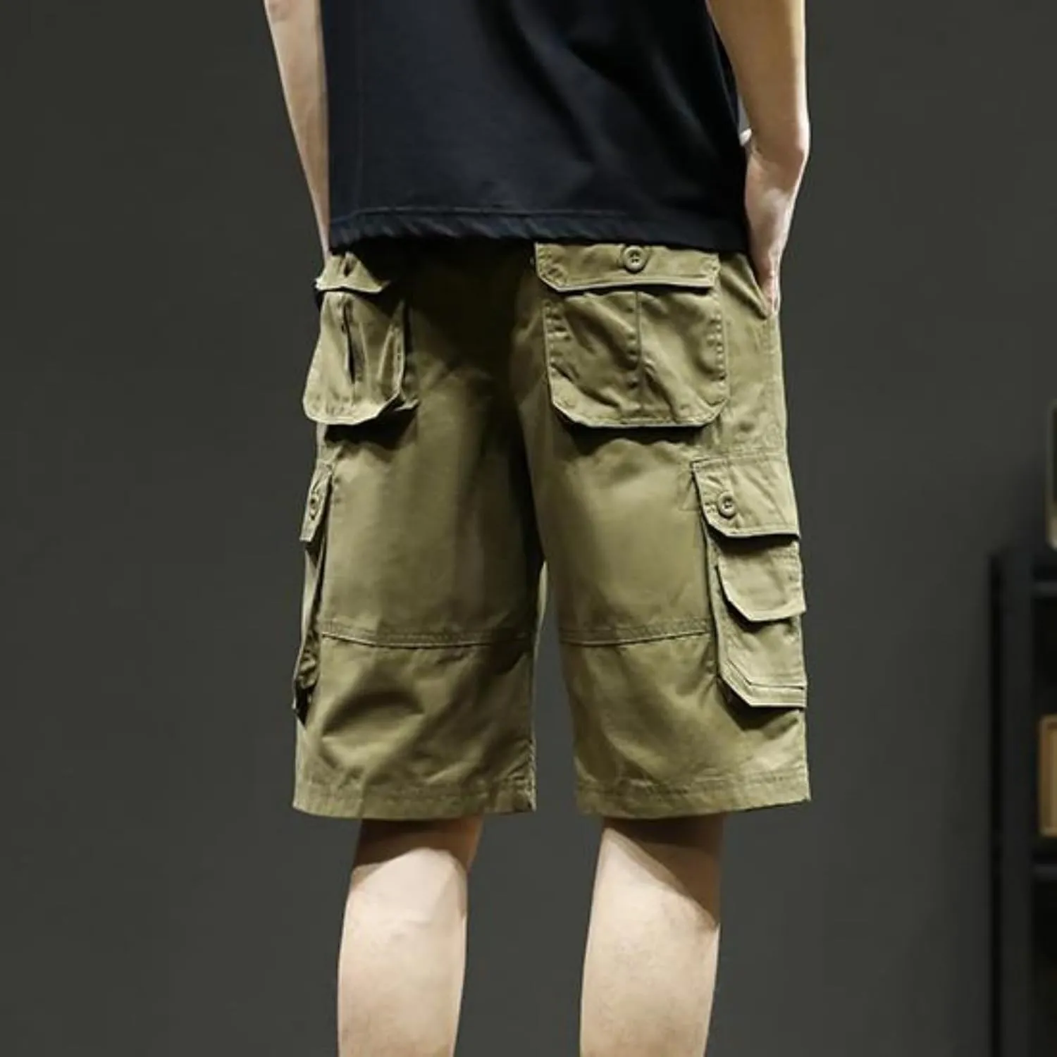 Sinzelimin Men's Cargo Shorts Fashion Solid Color Multiple Pockets Loose Comfy Knee Length Work Short Pants 5'' Sweatpant