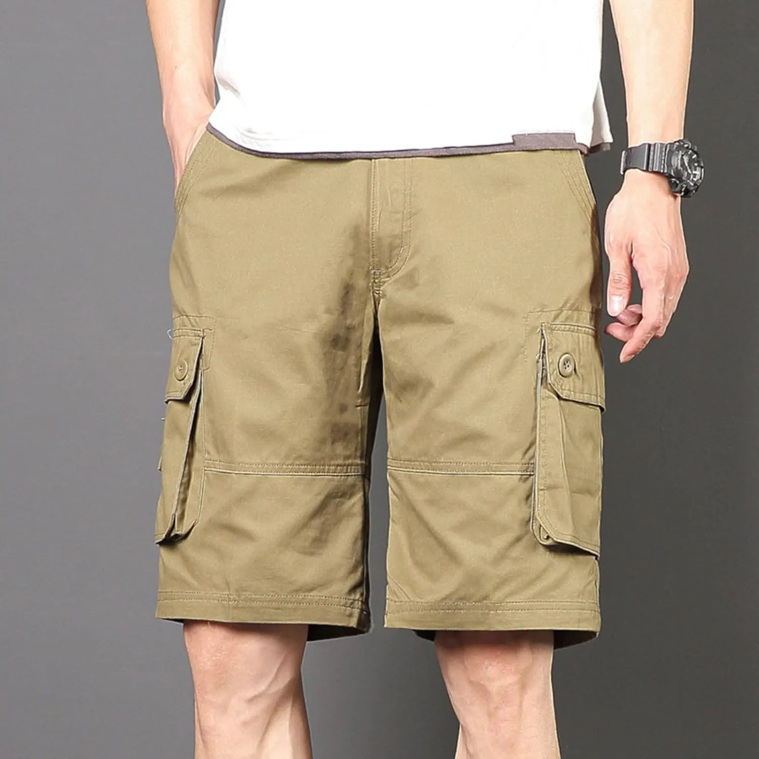 Sinzelimin Men's Cargo Shorts Fashion Solid Color Multiple Pockets Loose Comfy Knee Length Work Short Pants 5'' Sweatpant