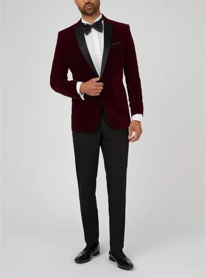 Slim Fit Velvet Suits for Men 2 Piece Dinner Prom Wedding Party Tuxedo Velvet Blazer Men Polyester Pants with Tie