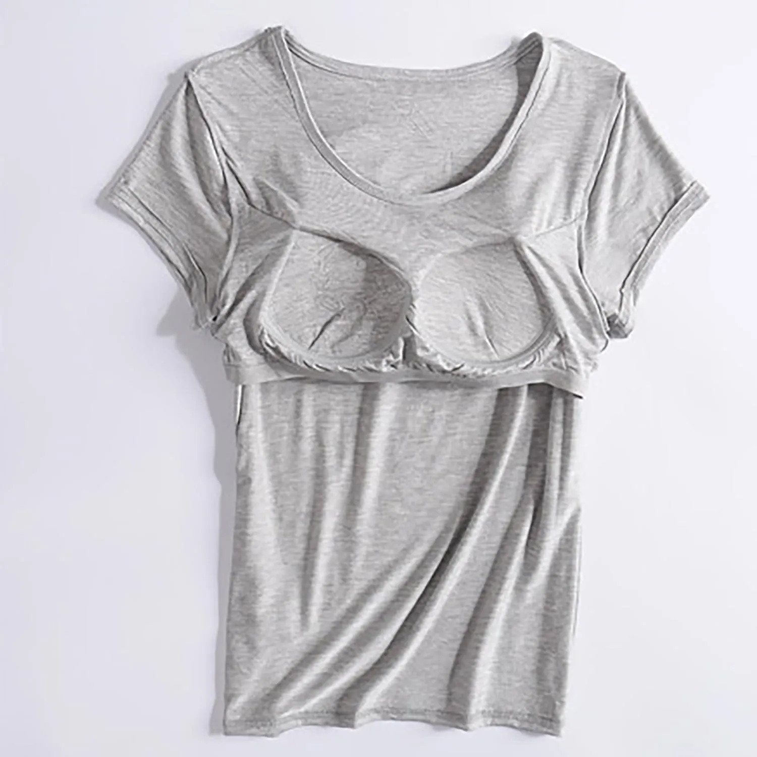 T-Shirt with Built-in Bra Women Workout Yoga Tops Short Sleeve Padded Bras Soft Pajama Plus Size Athletic Shirts