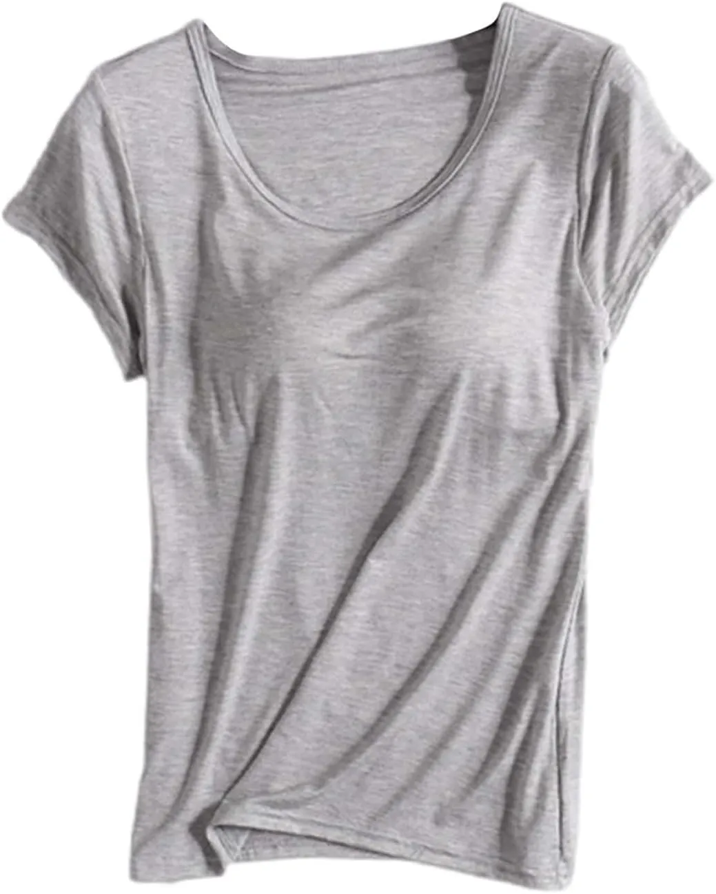 T-Shirt with Built-in Bra Women Workout Yoga Tops Short Sleeve Padded Bras Soft Pajama Plus Size Athletic Shirts