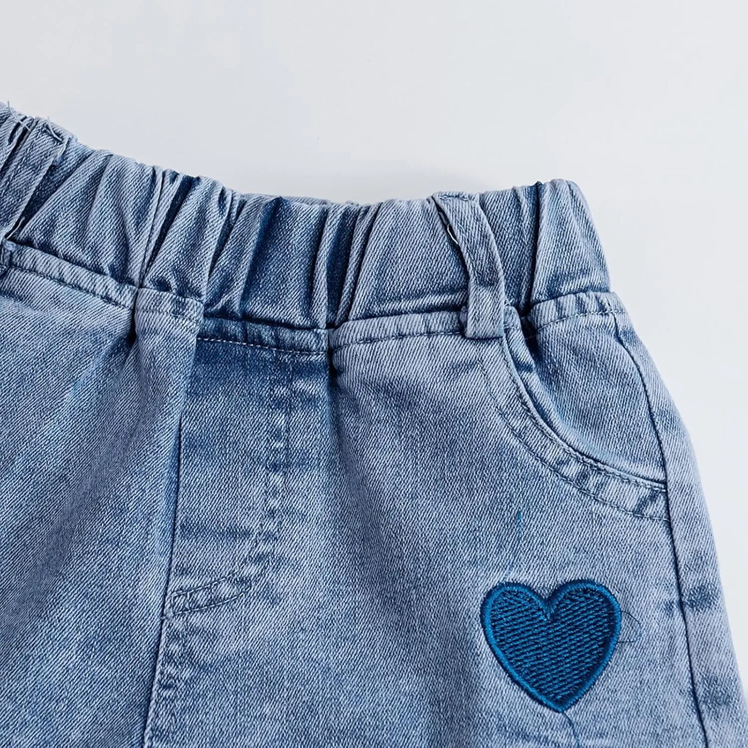 Toddler Girls Pull on Denim Shorts Elastic Waist Embroidered Love Print High Waisted Jeans Short Baby Summer Beach Wear