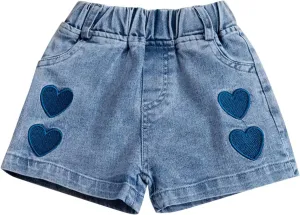 Toddler Girls Pull on Denim Shorts Elastic Waist Embroidered Love Print High Waisted Jeans Short Baby Summer Beach Wear