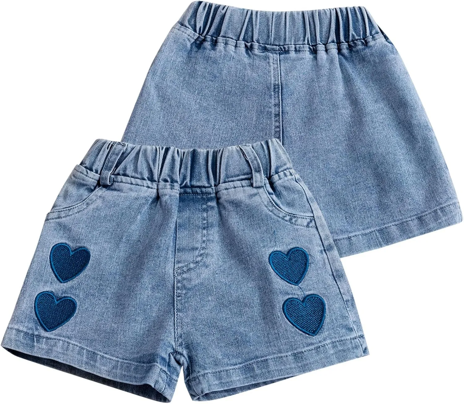Toddler Girls Pull on Denim Shorts Elastic Waist Embroidered Love Print High Waisted Jeans Short Baby Summer Beach Wear