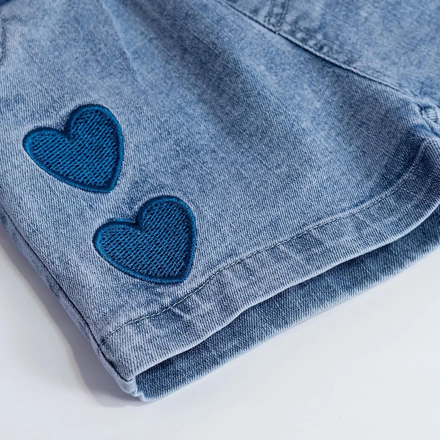 Toddler Girls Pull on Denim Shorts Elastic Waist Embroidered Love Print High Waisted Jeans Short Baby Summer Beach Wear