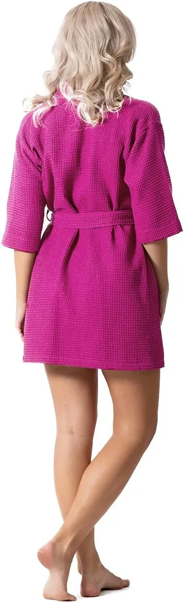 Turkish Linen Lightweight Waffle Knit Bath, Spa & Bridesmaids Kimono Short Robes for Women - Quick Dry & Soft