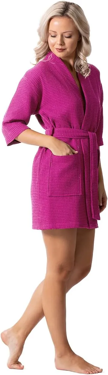 Turkish Linen Lightweight Waffle Knit Bath, Spa & Bridesmaids Kimono Short Robes for Women - Quick Dry & Soft