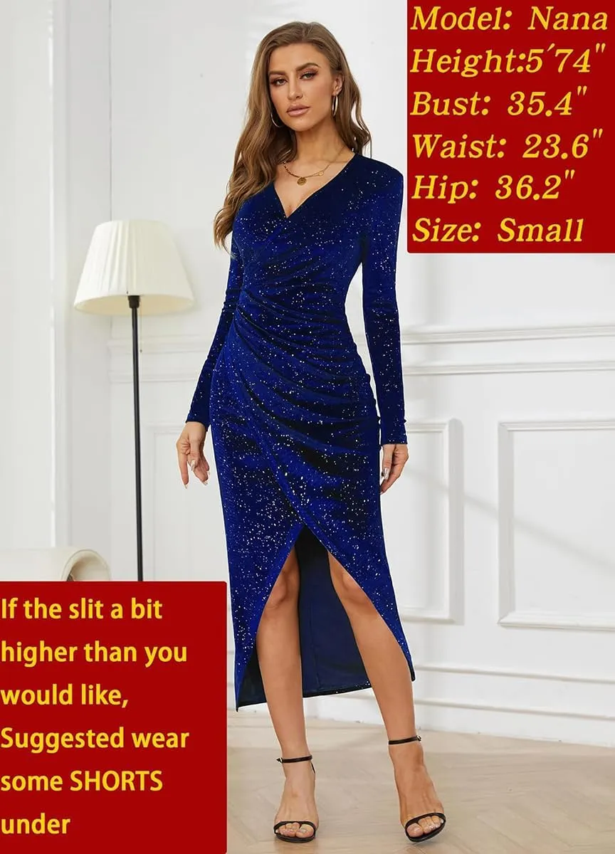VECVOC Women's V Neck Long Sleeve Velvet Dress Elegant Ruched Bodycon Cocktail Party Fall Wedding Guest Dresses