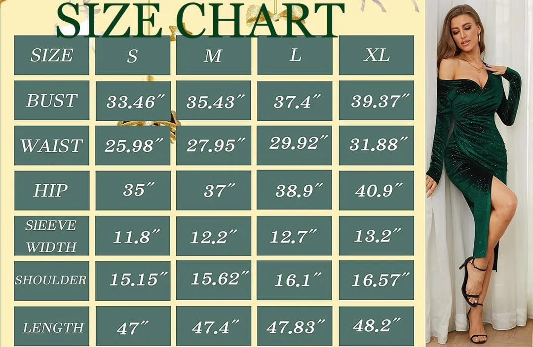 VECVOC Women's V Neck Long Sleeve Velvet Dress Elegant Ruched Bodycon Cocktail Party Fall Wedding Guest Dresses