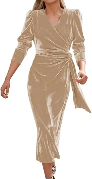 VECVOC Women's V Neck Long Sleeve Velvet Dress Elegant Ruched Bodycon Cocktail Party Fall Wedding Guest Dresses