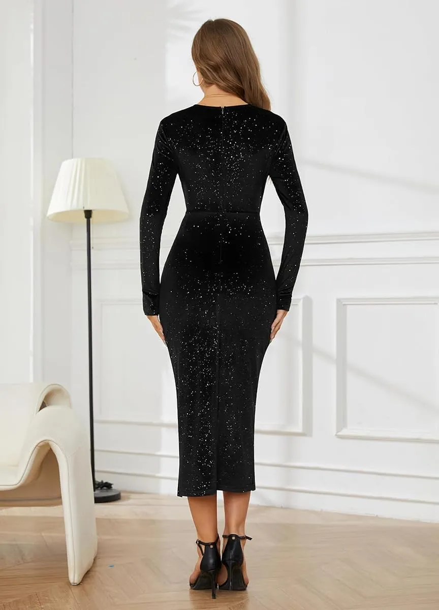 VECVOC Women's V Neck Long Sleeve Velvet Dress Elegant Ruched Bodycon Cocktail Party Fall Wedding Guest Dresses