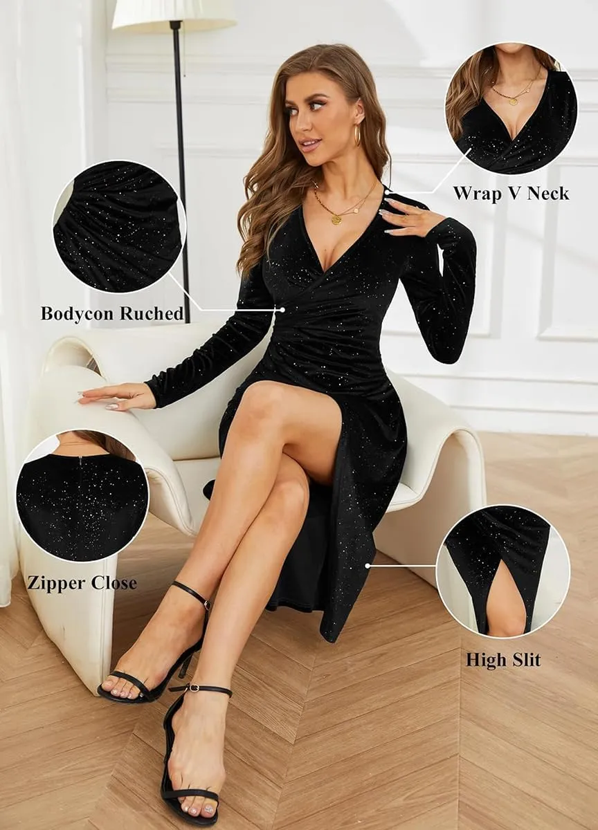 VECVOC Women's V Neck Long Sleeve Velvet Dress Elegant Ruched Bodycon Cocktail Party Fall Wedding Guest Dresses