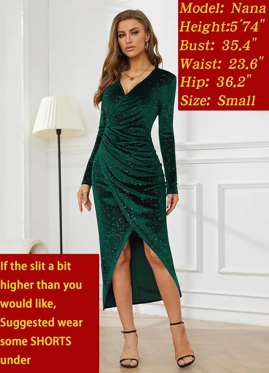 VECVOC Women's V Neck Long Sleeve Velvet Dress Elegant Ruched Bodycon Cocktail Party Fall Wedding Guest Dresses